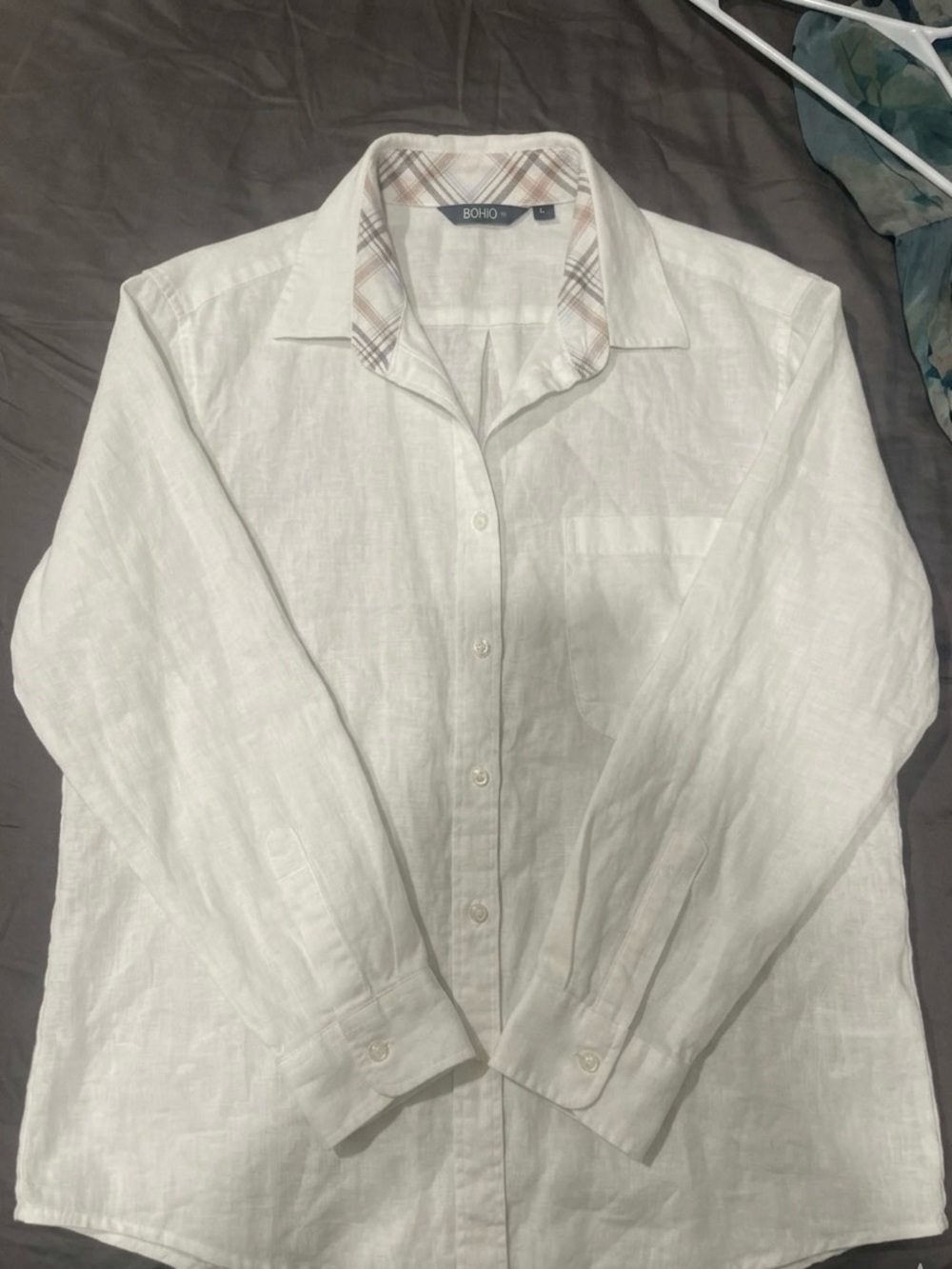 BOHIO 100% Linen Button Down Shirt Men’s L White Coastal Plaid Trim Luxury